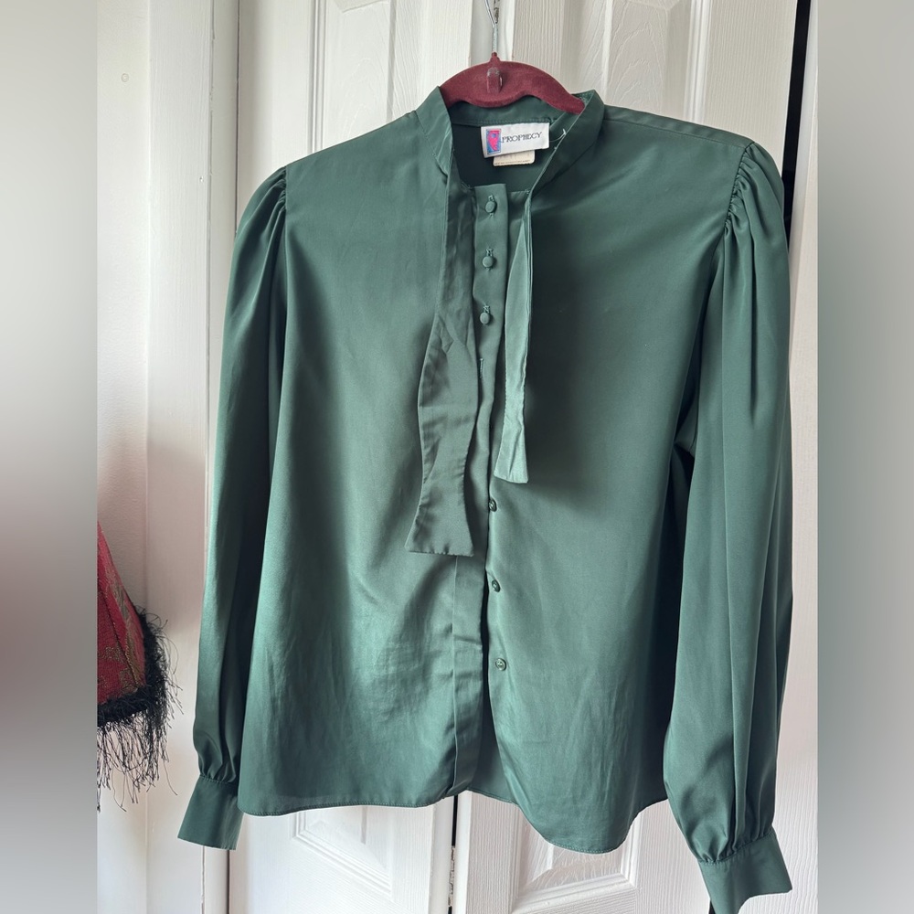 Prophecy Forest Green Tie-Neck Blouse with Button-Front